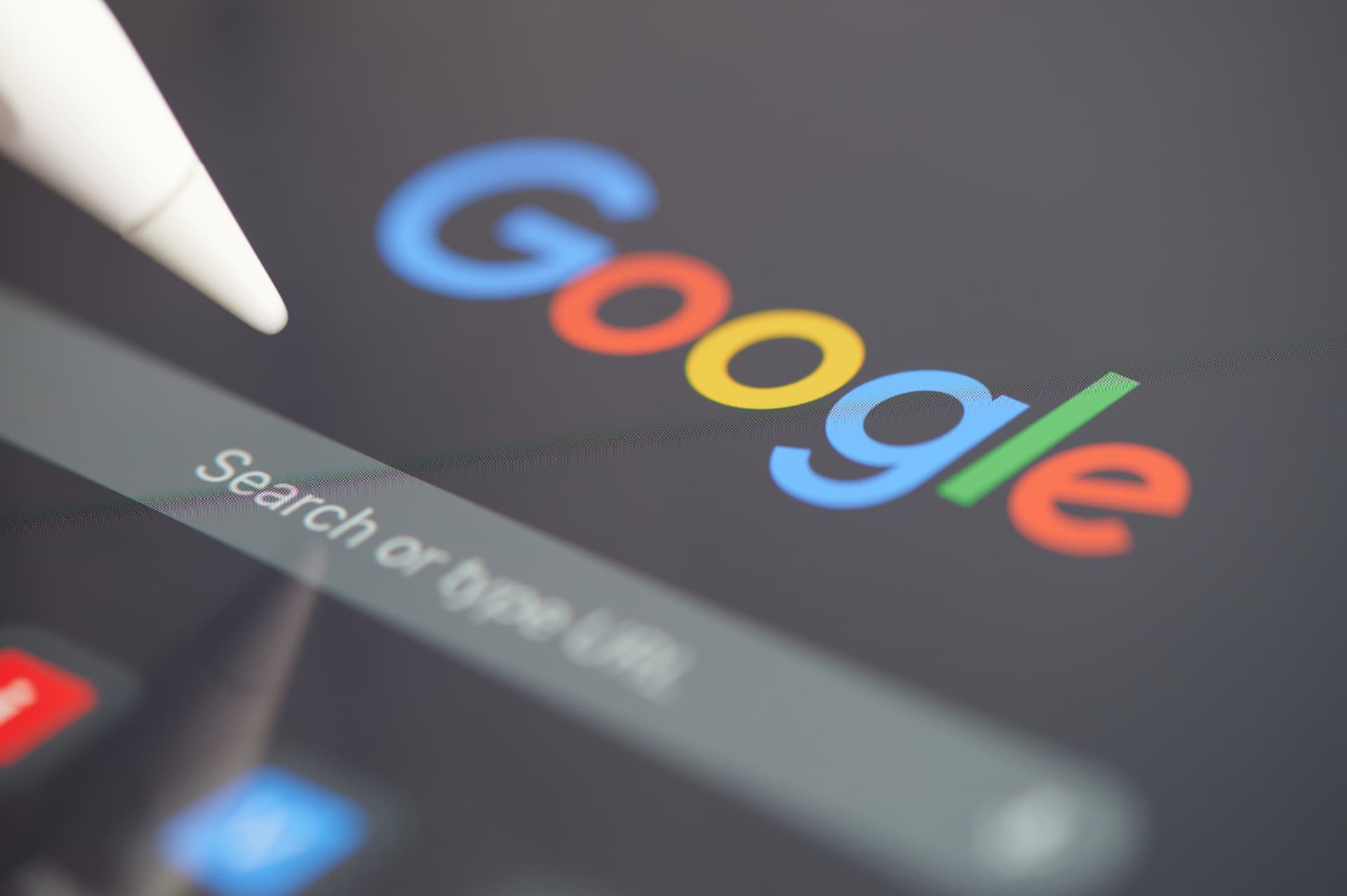 Close-up of the Google search bar on a tablet screen